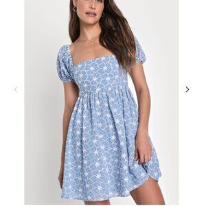Fit to Frolic Blue Eyelet Lace Puff Sleeve Babydoll Dress